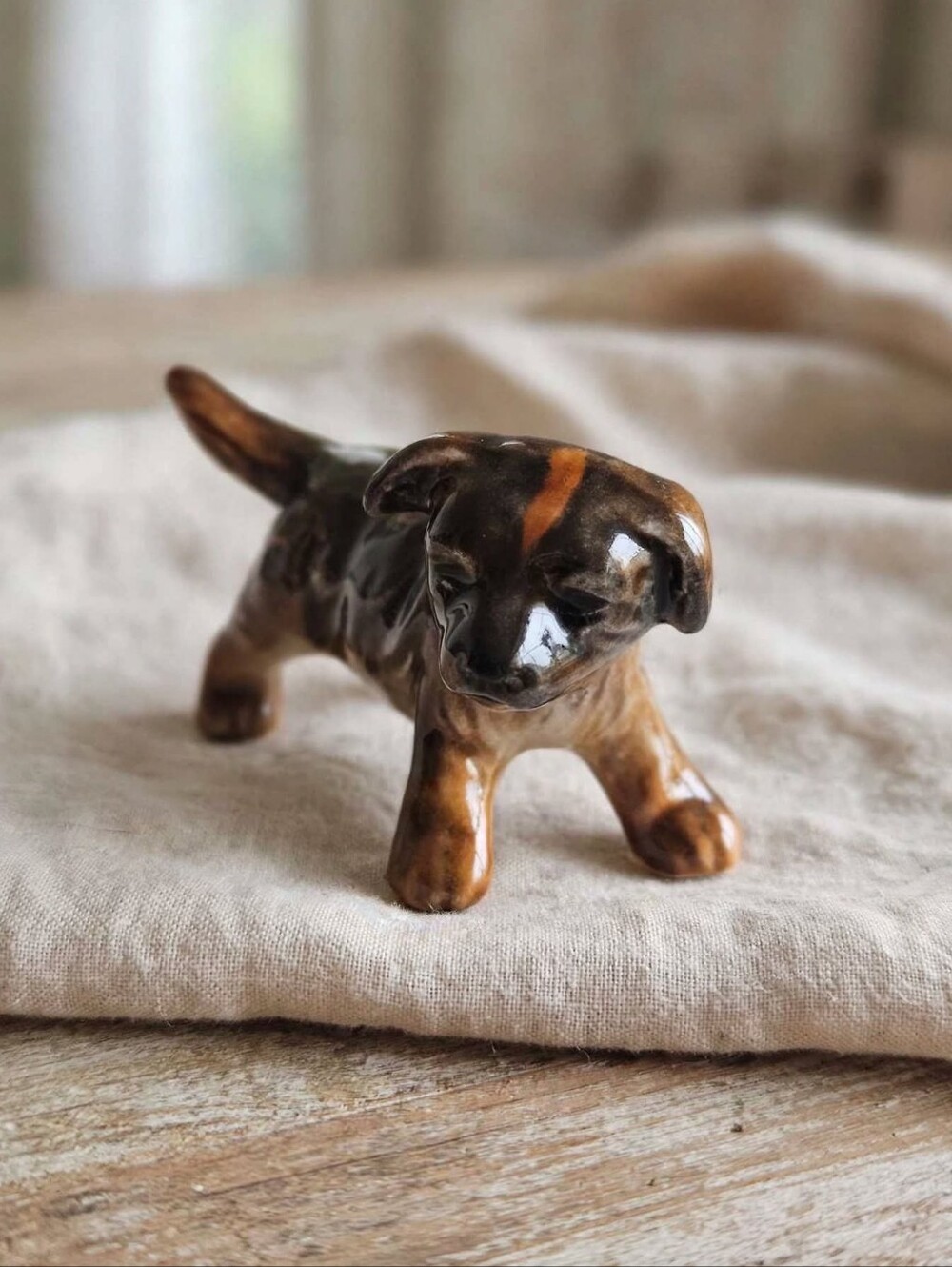 Vintage Ceramic Puppy Figurine — Brown Glossy Glaze, Mid-Century Dog